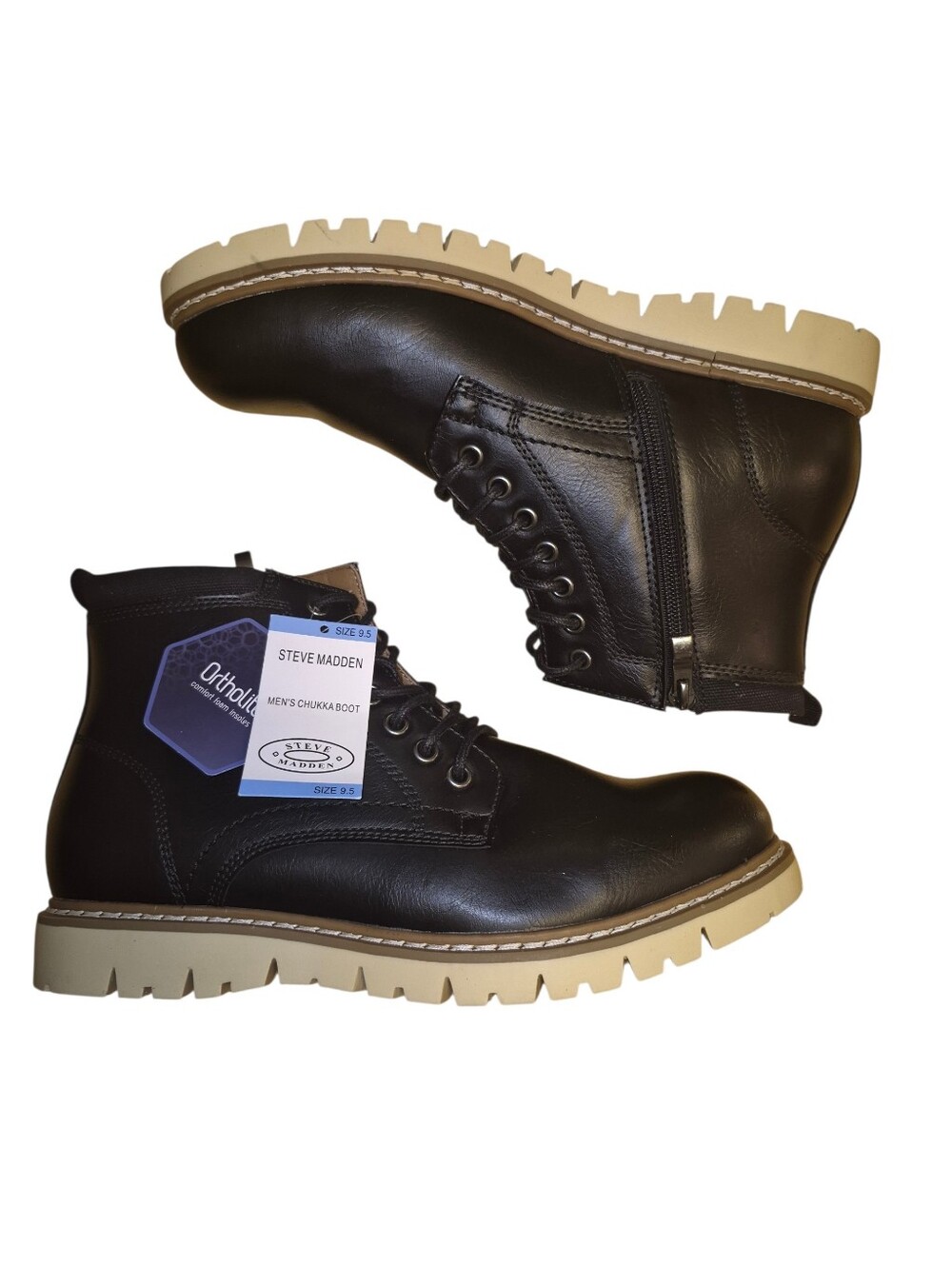 Steve Madden Black Leather Chukka Boots with Tan Lug Sole